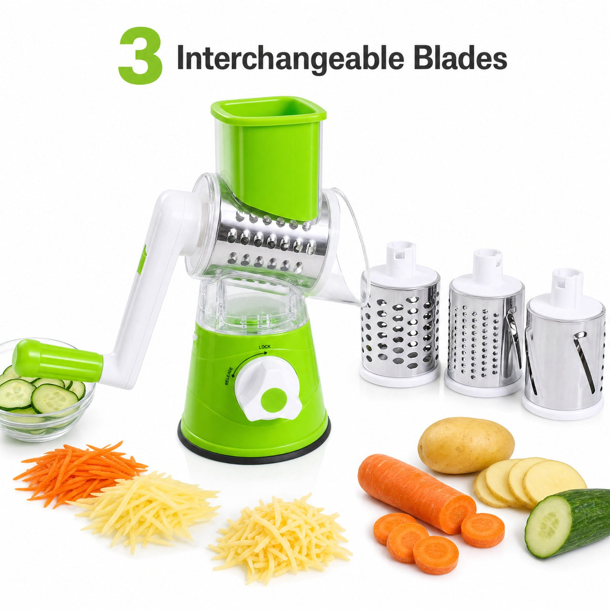 Multifunctional Hand Crank Drum Vegetable Cutter And Kitchen Grater With Interchangeable Blades