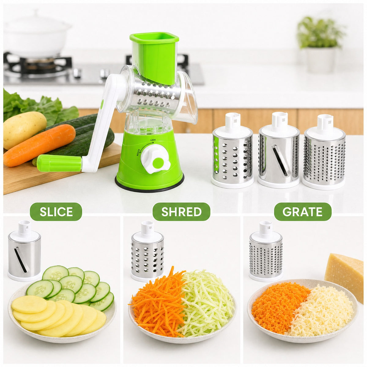 Multifunctional Hand Crank Drum Vegetable Cutter And Kitchen Grater With Interchangeable Blades