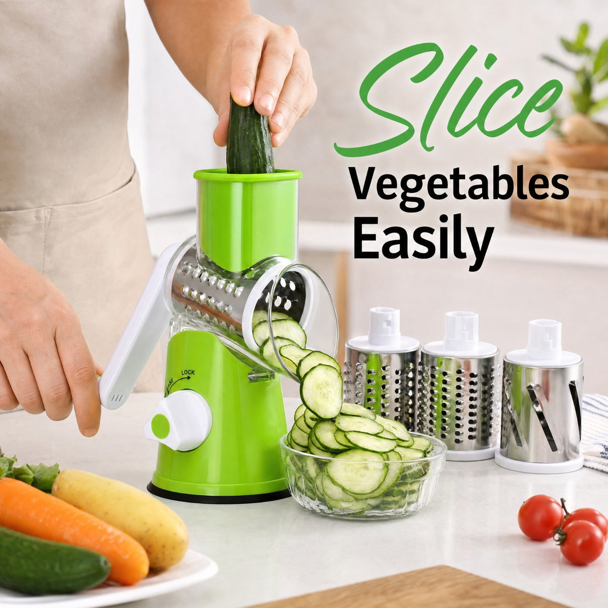 Multifunctional Hand Crank Drum Vegetable Cutter And Kitchen Grater With Interchangeable Blades