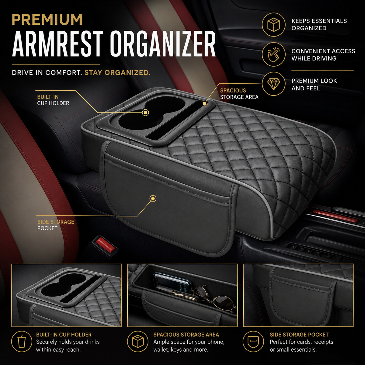 Car Armrest Cushion with Cup Holder & Storage Box
