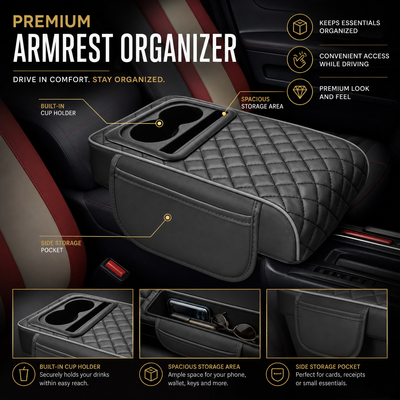 Car Armrest Cushion with Cup Holder & Storage Box