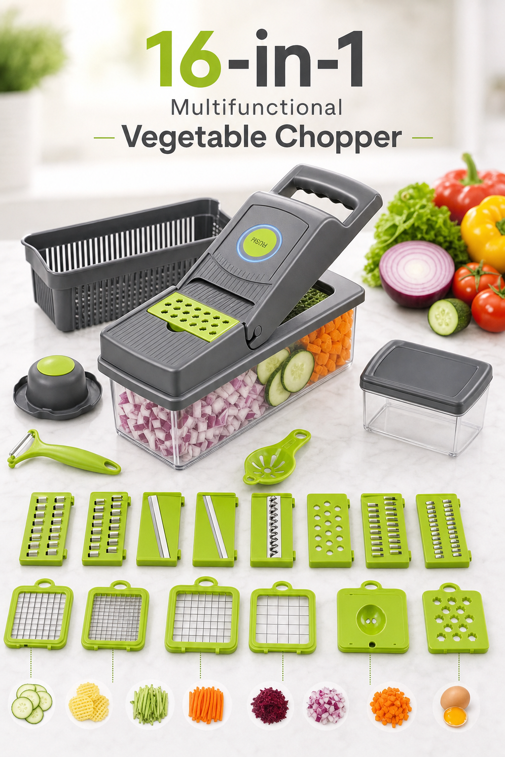 16-in-1 Multi-Functional Vegetable Chopper, Dicer & Slicer with Storage Container