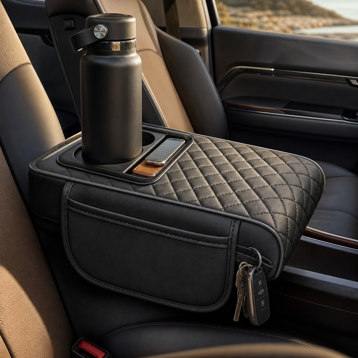 Car Armrest Cushion with Cup Holder & Storage Box