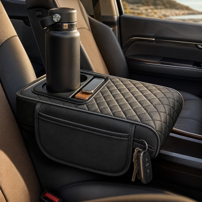 Car Armrest Cushion with Cup Holder & Storage Box